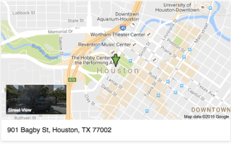 Map showing location of City Hall at 901 Bagby Street, Houston, Texas 77002
