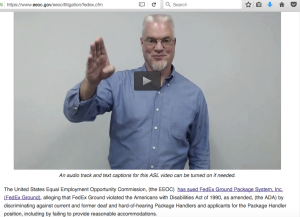 Picture shows a screen shot of someone using sign language in an ASL video on the EEOC website.