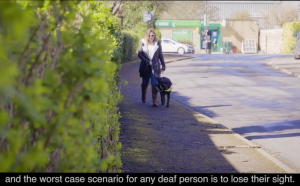 Young woman walks down street using a guide dog. Words at bottom of slide "and the worst case scenario for any deaf person is to lose their sight"